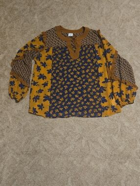 CAbi Mustard & Navy Mixed-Print Boho Blouse